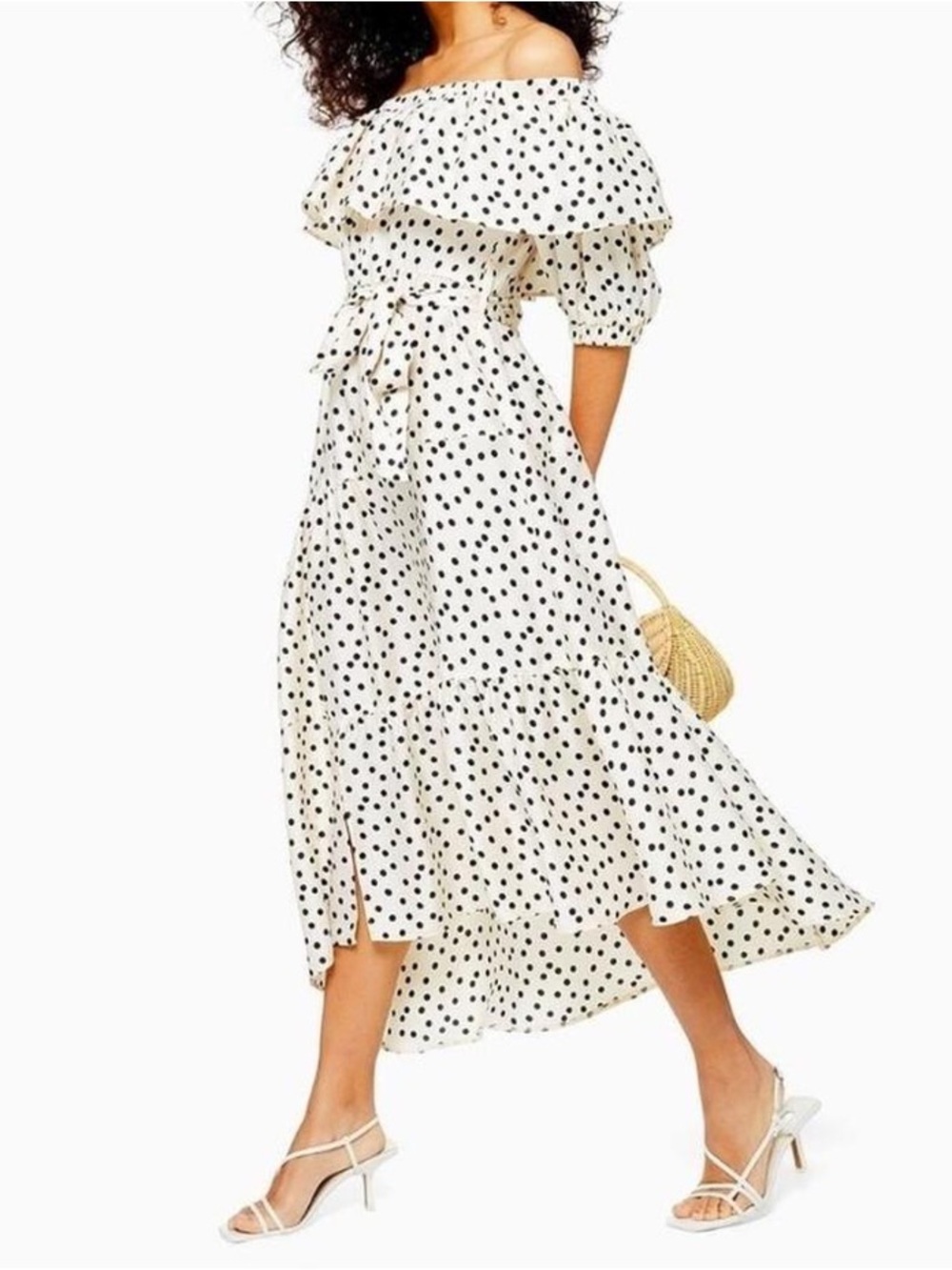 Topshop Off-Shoulder Black Polka Dot Midi Dress- size 2